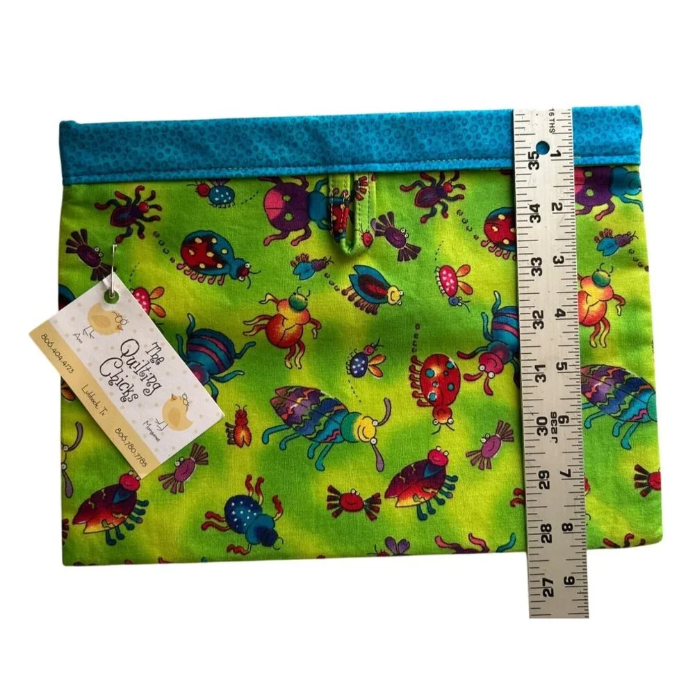 Handmade Whimsical Bug Print Cosmetic Bag Blue Accent Trim Vibrant Colorful